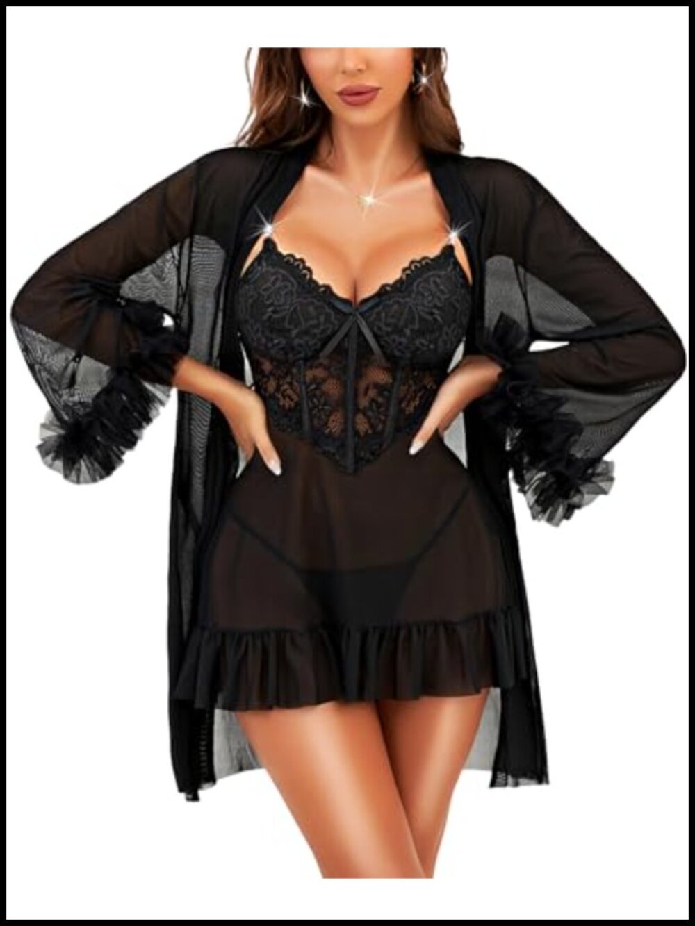 2 Piece Babydoll & Lace Kimono Robe Set Mesh Chemise Sleepwear